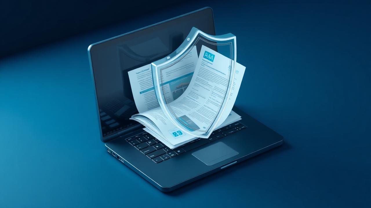 A secure laptop with financial documents protected by a shield
