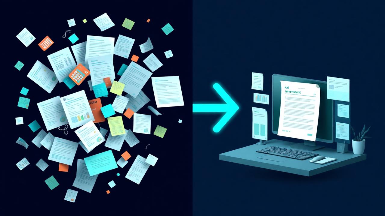 Scattered spreadsheets and PDFs flowing into one organised Quorum workspace
